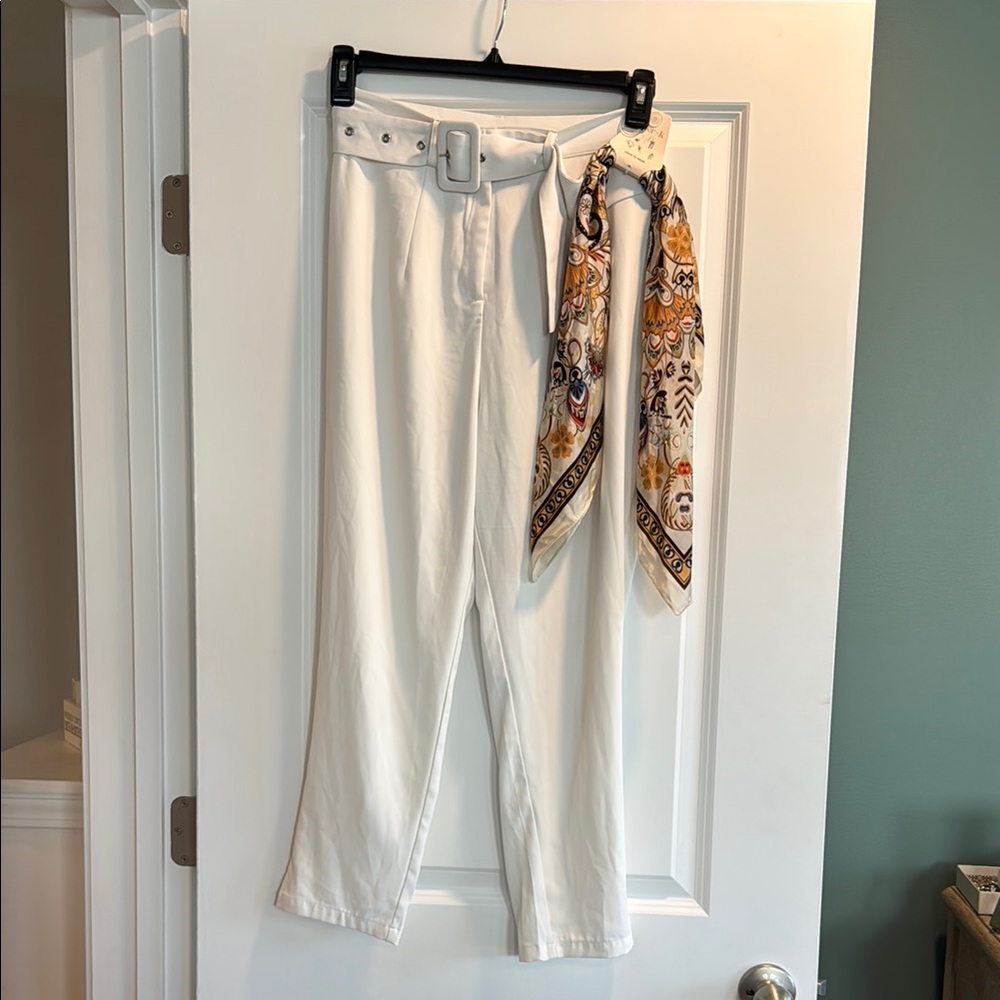 White High-Waist Belted Trousers with Printed Scarf